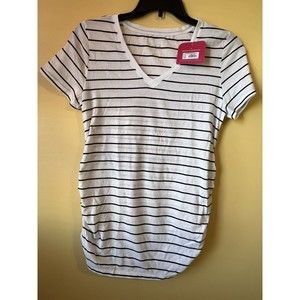 Isabel Maternity Women's White Black Striped Short Sleeve Shirt Large Ruched NWT